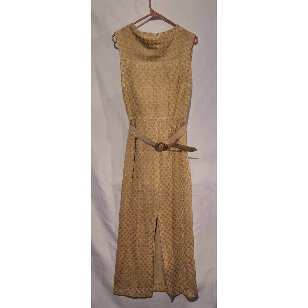 Vintage 60s Gold Metallic Checkerboard Maxi Dress Rhinestone Belt Size 14 2627